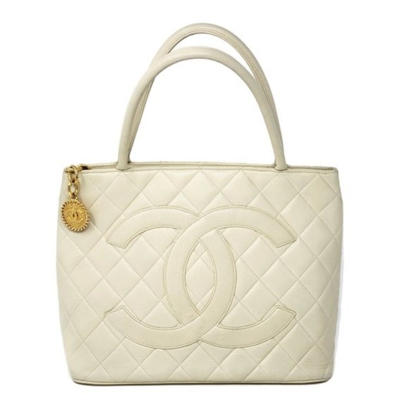 CHANEL Handbags - Auth CHANEL CaviarMedallion Gold Cream Tote C